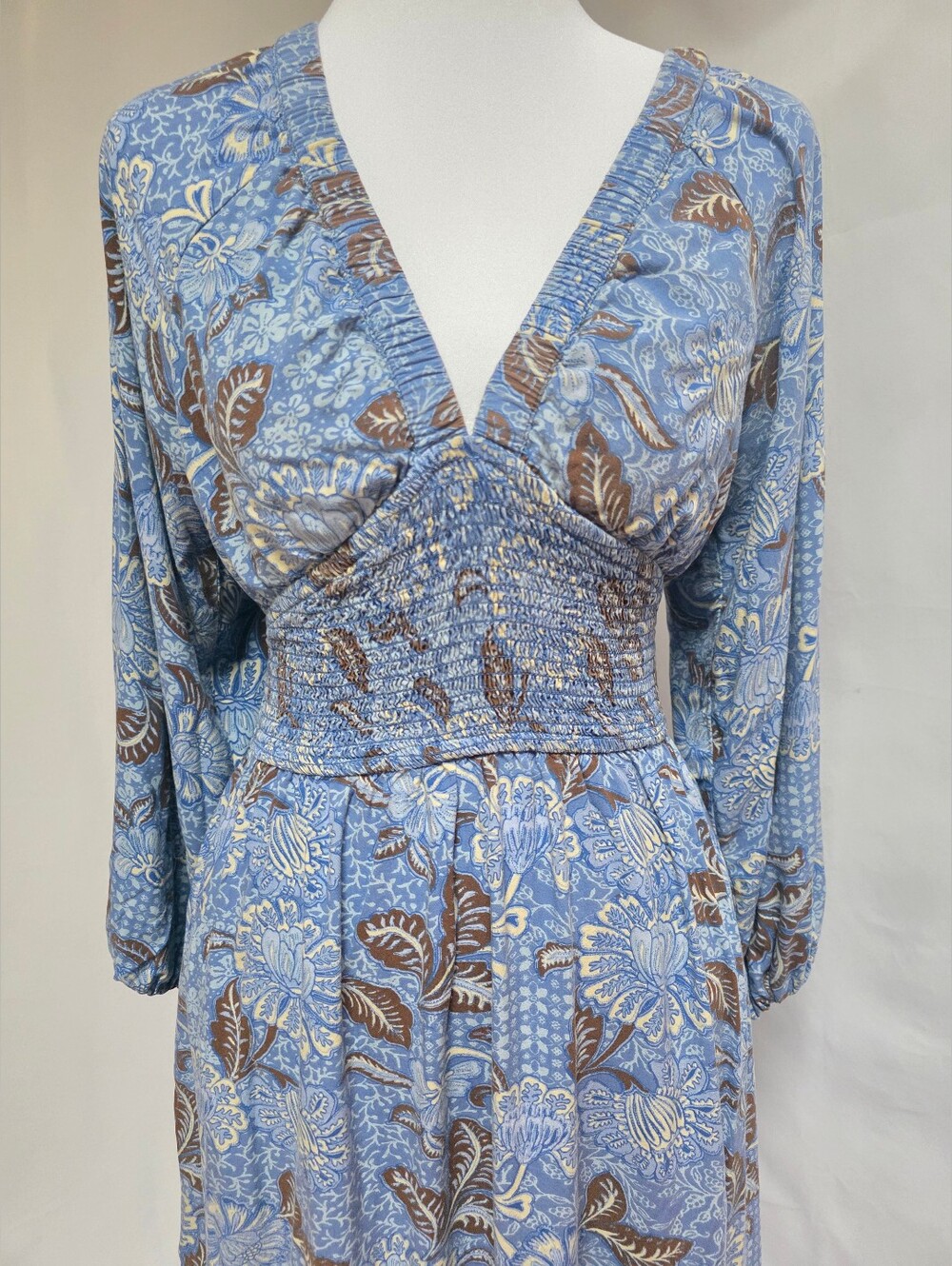 Japna Women's Blue Floral Smocked Waist Long Sleeve Maxi Dress Size S - Picture 2 of 7